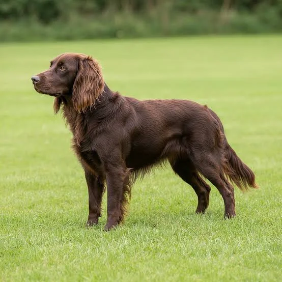 Deutscher Wachtelhund adulto marrom em ambiente florestal, com corpo musculoso, orelhas longas e onduladas e pelagem densa típica de cão de caça