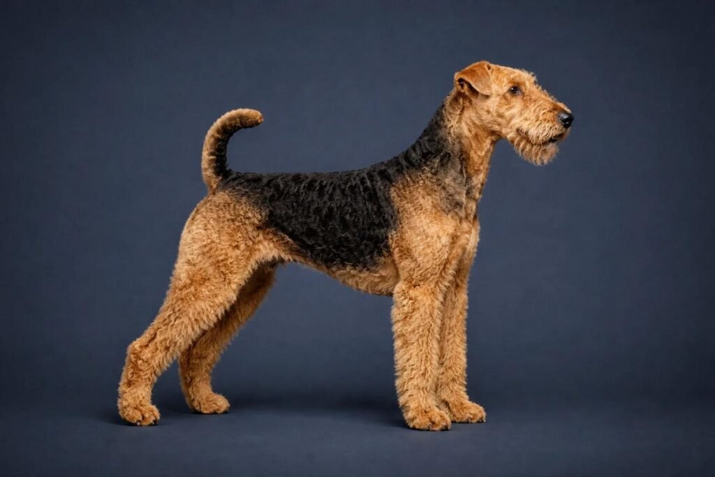 Cão da raça Airedale Terrier em pé, com corpo musculoso, pelagem dura preta e castanha, orelhas dobradas e barba característica.