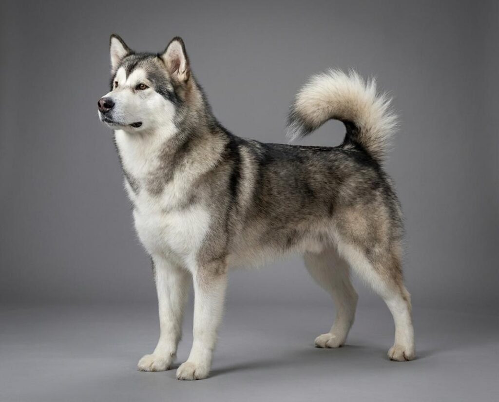 Cão da raça Malamute do Alasca em pé, com corpo grande e musculoso, pelagem dupla cinza e branca, orelhas triangulares eretas e cauda espessa sobre o dorso.