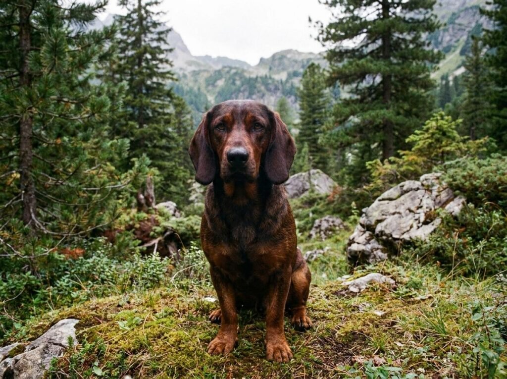 Alpenländische Dachsbracke, cão austríaco de pernas curtas e pelagem vermelho-cervo em ambiente natural