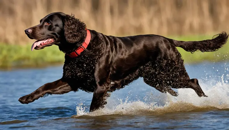 American Water Spaniel marrom de pelagem encaracolada em ambiente aquático