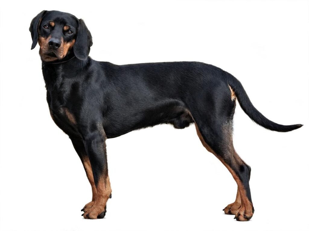 Cão da raça Braco Austríaco Preto e Castanho em pé e de perfil, com corpo médio e atlético, orelhas caídas, pelagem preta brilhante e marcações castanhas acima dos olhos, no focinho e nas pernas.