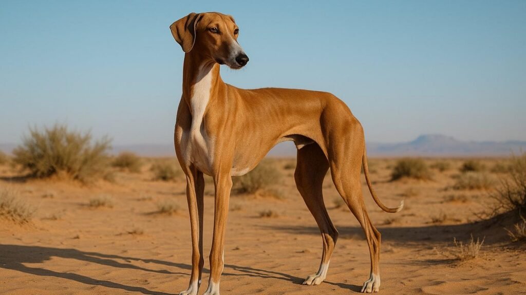 Cão da raça Azawakh em pé e de perfil em uma paisagem seca do Sahel, com corpo muito alto e esguio, pelagem curta fulva, pernas longas e expressão atenta.