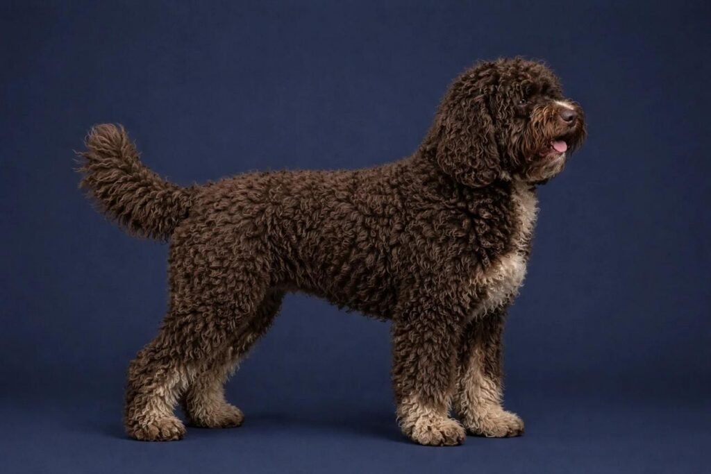 Cão da raça Barbet em pé e de perfil, com corpo médio e robusto, orelhas caídas, barba evidente e pelagem longa, densa e cacheada de cor marrom.