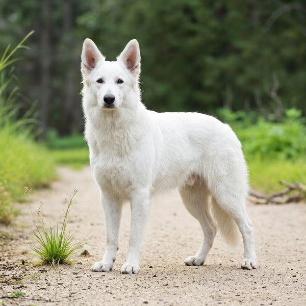 Cão adulto da raça Berger Blanc Suisse em pé ao ar livre, com pelagem branca, orelhas eretas, corpo atlético e expressão atenta.