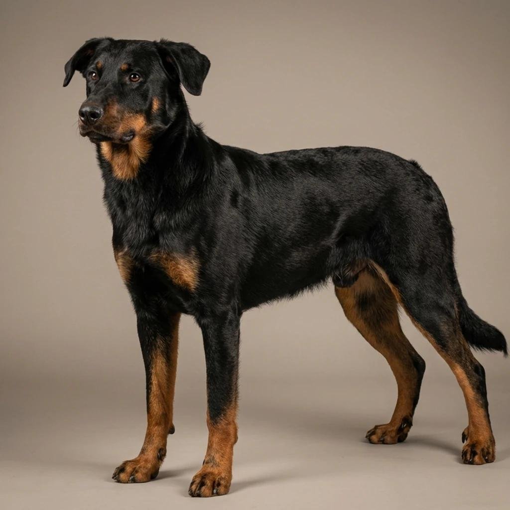 Cão adulto da raça Beauceron em pé e de perfil, com corpo grande e musculoso, orelhas naturais caídas, pelagem curta preta e marcações castanho-avermelhadas nas pernas, peito e focinho.
