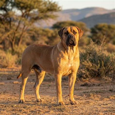 Cão adulto da raça Boerboel em pé ao ar livre, com pelagem castanha curta, máscara escura, corpo grande e musculoso e expressão atenta.