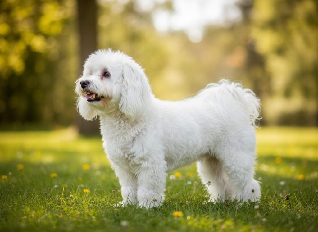 Cão adulto da raça Bolognese em pé sobre a grama, com pelagem branca longa e volumosa, corpo pequeno e compacto e expressão atenta.