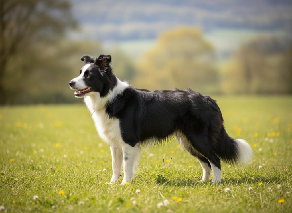 Cão adulto da raça Border Collie em pé sobre um campo, com corpo médio e atlético, pelagem preta e branca, orelhas semieretas e expressão intensamente atenta.