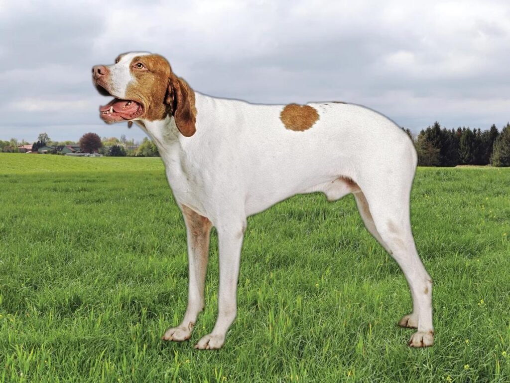 Cão adulto da raça Braque Saint-Germain em pé em um campo, com corpo atlético, pelagem branca com manchas laranja, orelhas pendentes, trufa rosa e expressão atenta.