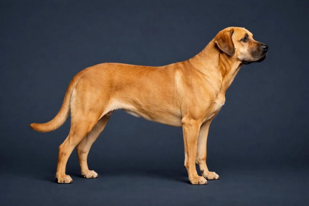 Cão adulto da raça Broholmer em pé, com corpo gigante e musculoso, pelagem amarelo-avermelhada, máscara preta no focinho e expressão calma e vigilante.
