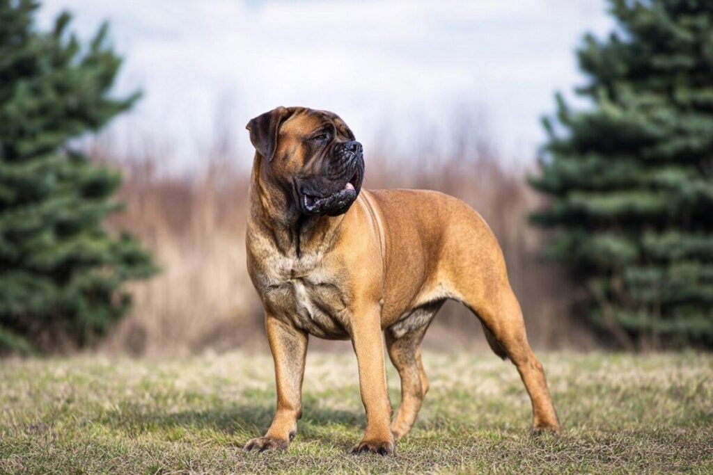 Cão adulto da raça Bullmastiff em pé sobre a grama, com corpo grande e musculoso, pelagem fulva, máscara preta, cabeça larga e expressão vigilante.