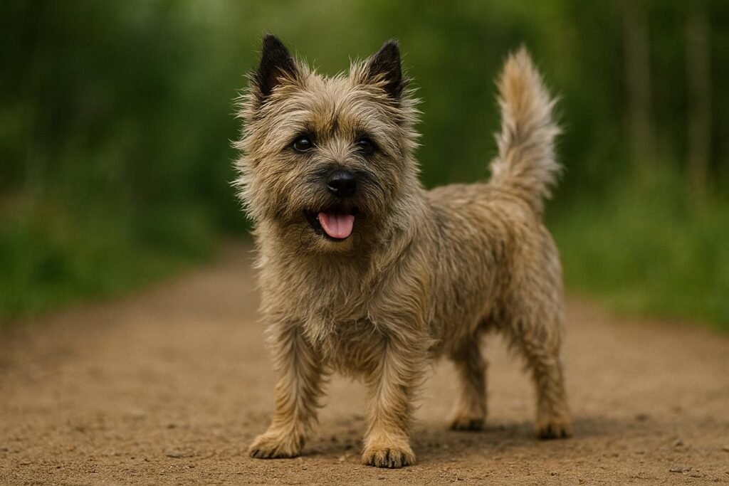 Cão adulto da raça Cairn Terrier em pé sobre a grama, com corpo pequeno e resistente, pelagem áspera tigrada, orelhas eretas e expressão atenta.