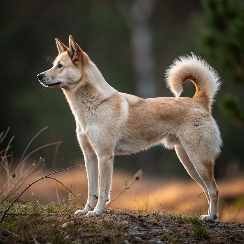 Cão adulto da raça Canaan Dog em pé sobre terreno natural, com corpo médio e atlético, pelagem areia e branca, orelhas eretas e cauda enrolada sobre o dorso.