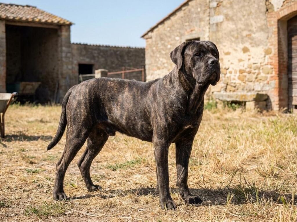 Cão adulto da raça Cane Corso em pé em uma propriedade rural, com corpo grande e musculoso, pelagem tigrada, orelhas naturais e expressão atenta.