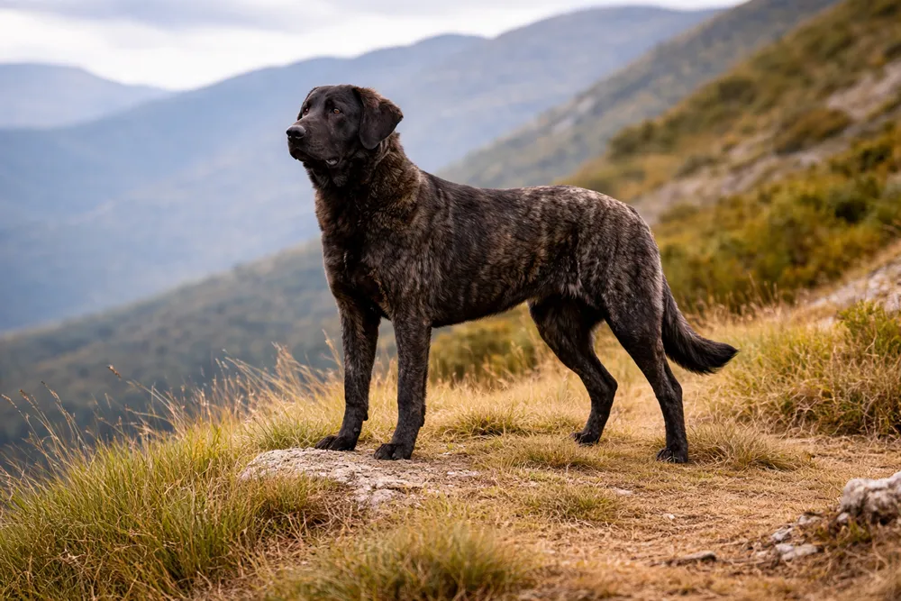 Cão de Castro Laboreiro adulto de pelagem tigrada cor da montanha em paisagem rochosa do norte de Portugal