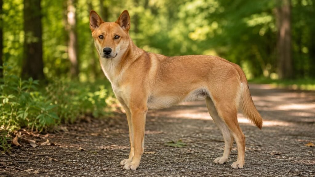 Cão adulto da raça Carolina Dog em pé em uma trilha de floresta, com corpo médio e atlético, pelagem gengibre, orelhas grandes e eretas e expressão cautelosa.