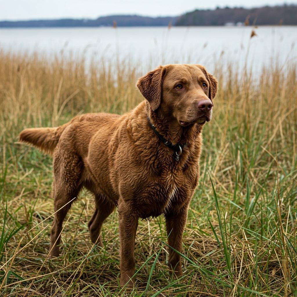 Chesapeake Bay Retriever adulto marrom de pelagem ondulada e olhos âmbar em área de água e vegetação típica de caça aquática