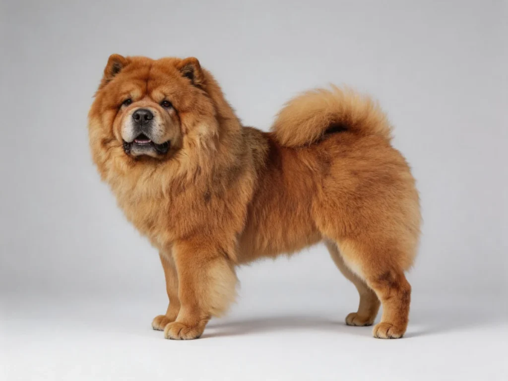 Chow Chow adulto vermelho com pelagem densa, juba leonina, pequenas orelhas eretas e cauda enrolada sobre o dorso