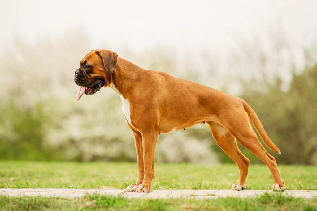 Cão adulto da raça Boxer em pé sobre a grama, com corpo musculoso, pelagem fulva curta, máscara preta, peito branco e orelhas naturais caídas.