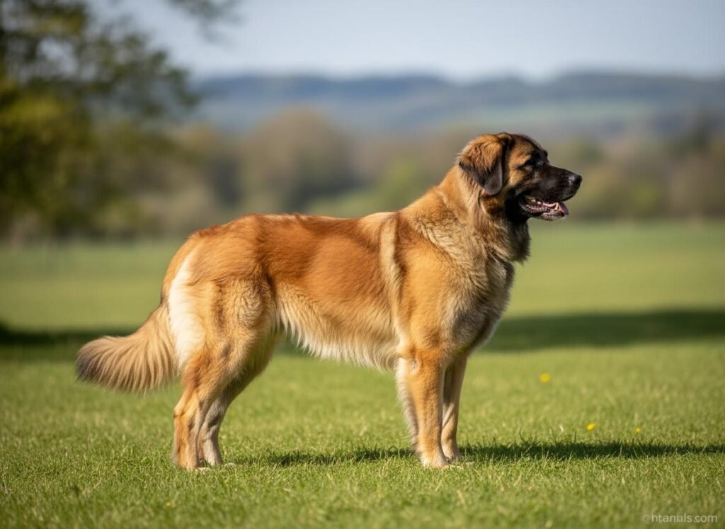 Cão adulto da raça Leonberger em pé, com grande porte, pelagem longa castanho-dourada, juba volumosa e característica máscara preta no rosto.