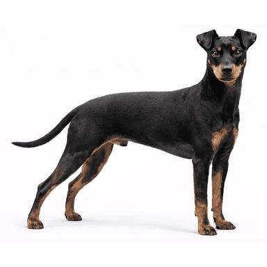 Cão adulto da raça Manchester Terrier em pé, com corpo elegante e atlético, pelagem curta preta brilhante e marcações castanho-mahogany no rosto, peito e pernas.