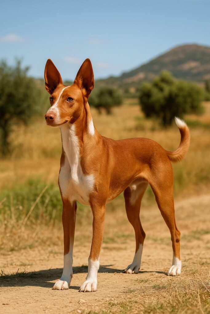 Cão adulto da raça Podengo Andaluz em ambiente rural, com corpo atlético, pelagem canela e branca, grandes orelhas triangulares eretas e expressão alerta.