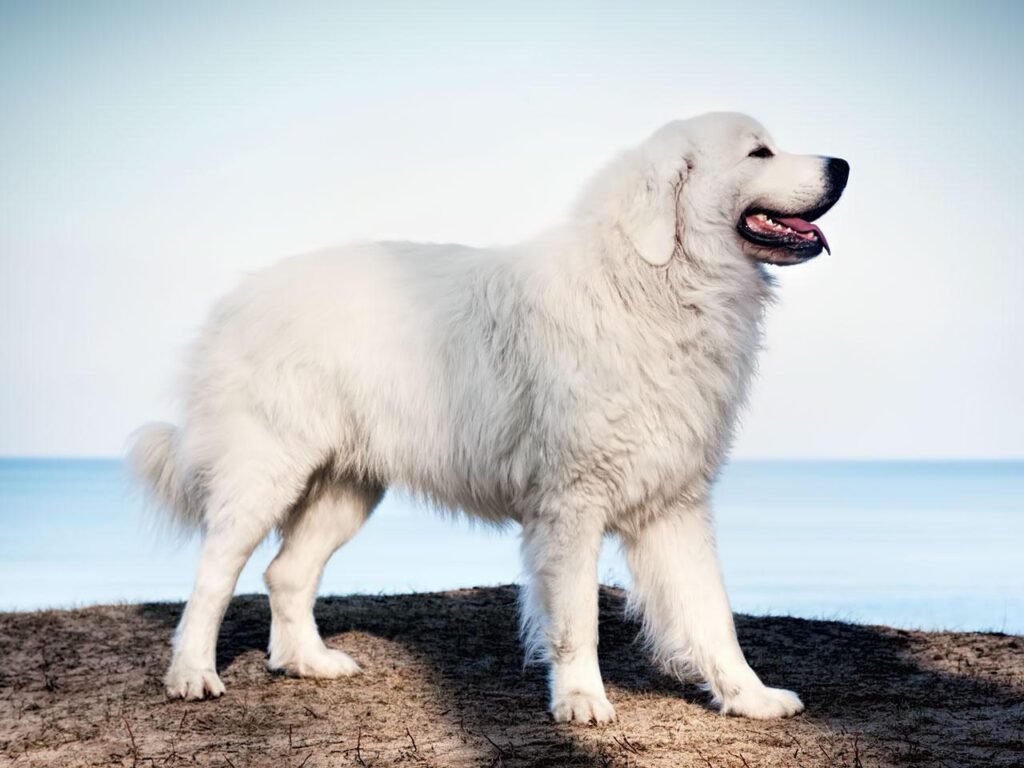 Cão adulto da raça Polish Tatra Sheepdog em ambiente montanhoso, com corpo grande e forte, pelagem branca longa e densa, expressão calma e postura vigilante.