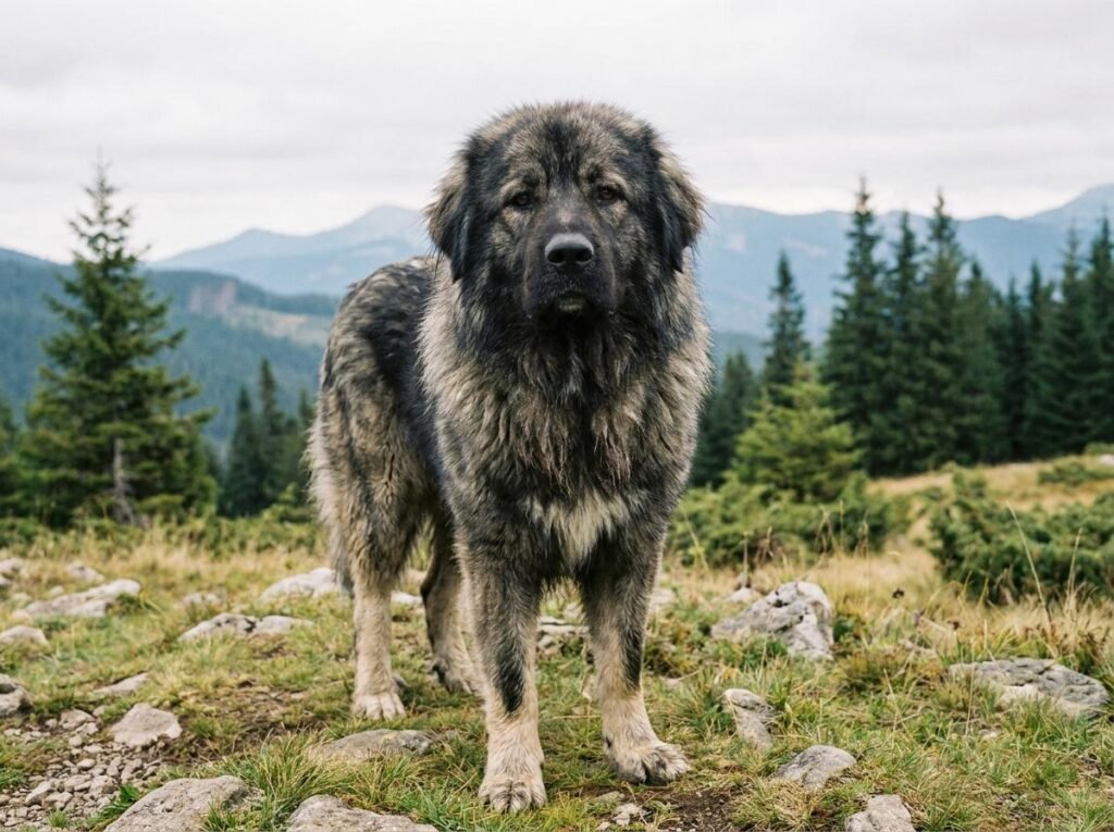 Cão adulto da raça Romanian Carpathian Shepherd Dog em paisagem montanhosa dos Cárpatos, com pelagem cinza-lobo densa, cabeça lupina, corpo forte e postura calma e vigilante.